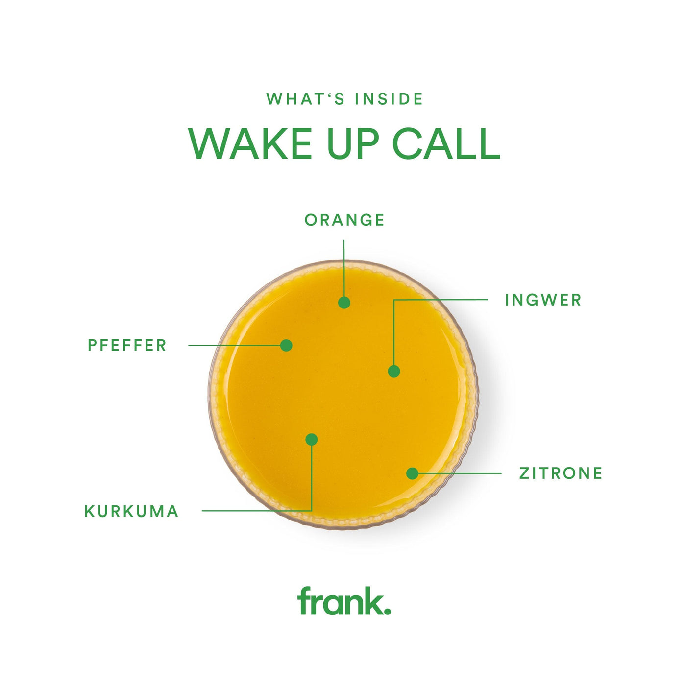 Darstellung des Ingwershots Wake Up Call mit Ingwer, Orange, Kurkuma, Enchinea und Pfeffer von frank in einem Glas