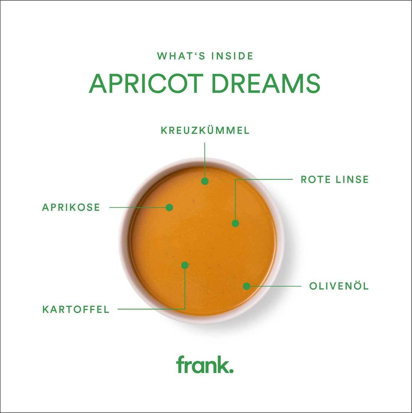 Darstellung der bio Suppe Apricot Dreams mit roten Linsen, Aprikose und Kokos von frank angerichtet in einer Schüssel