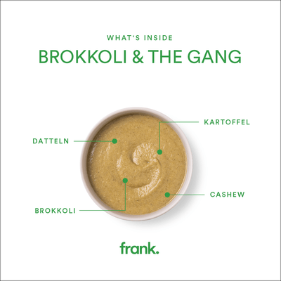 Darstellung der bio Suppe Brokkoli And The Gang mit Brokkoli, Cashew und Dattel von frank in einer Schüssel angerichtet