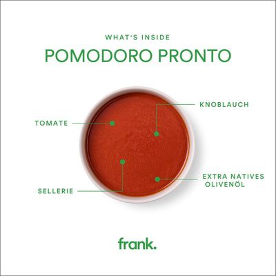 Darstellung der bio Suppe Pomodoro Pronto mit Tomate und Meersalz von frank in einer Schüssel angerichtet