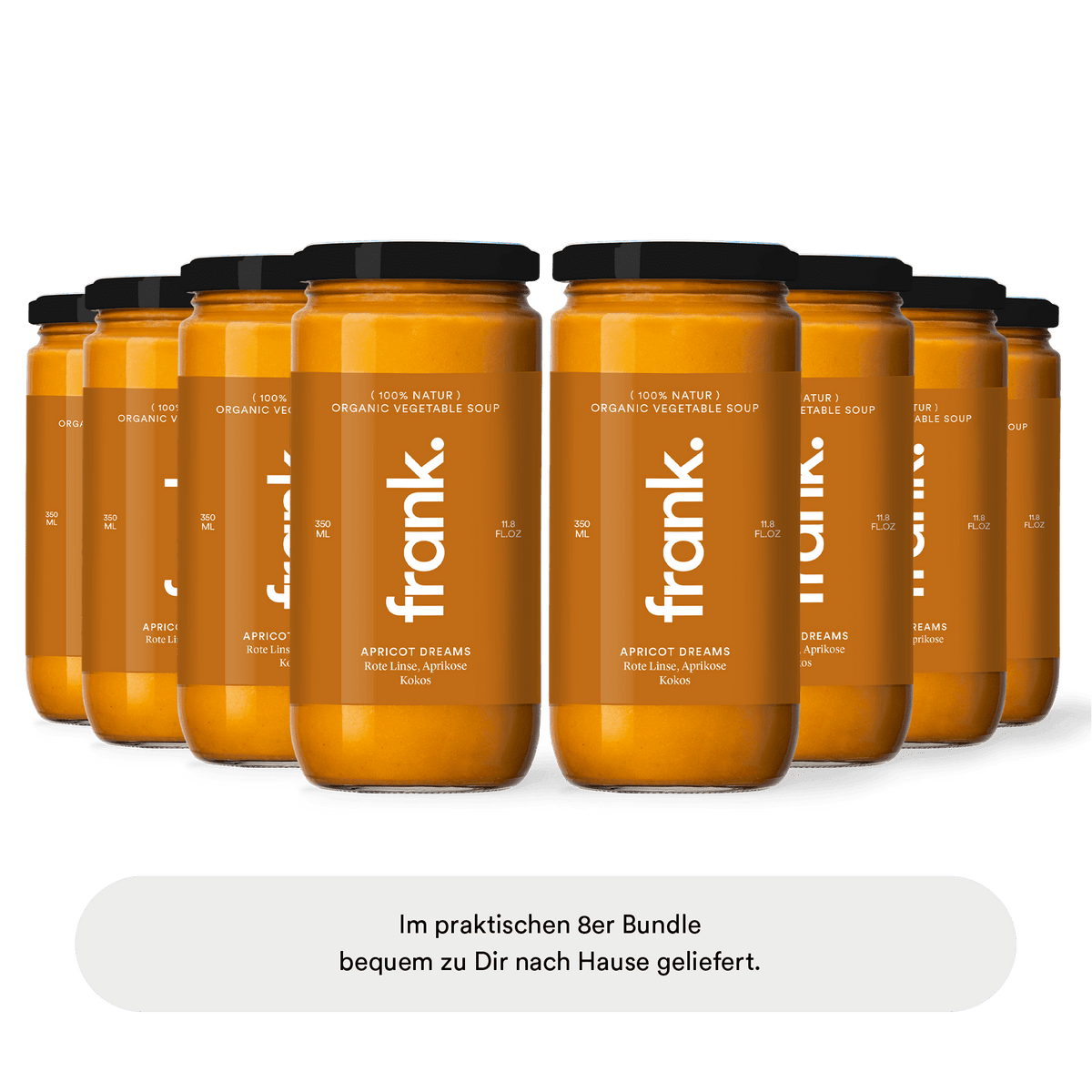 Darstellung der bio Soup-Box Apricot Dreams mit roten Linsen, Aprikose und Kokos bestehend aus 8 Suppen von frank