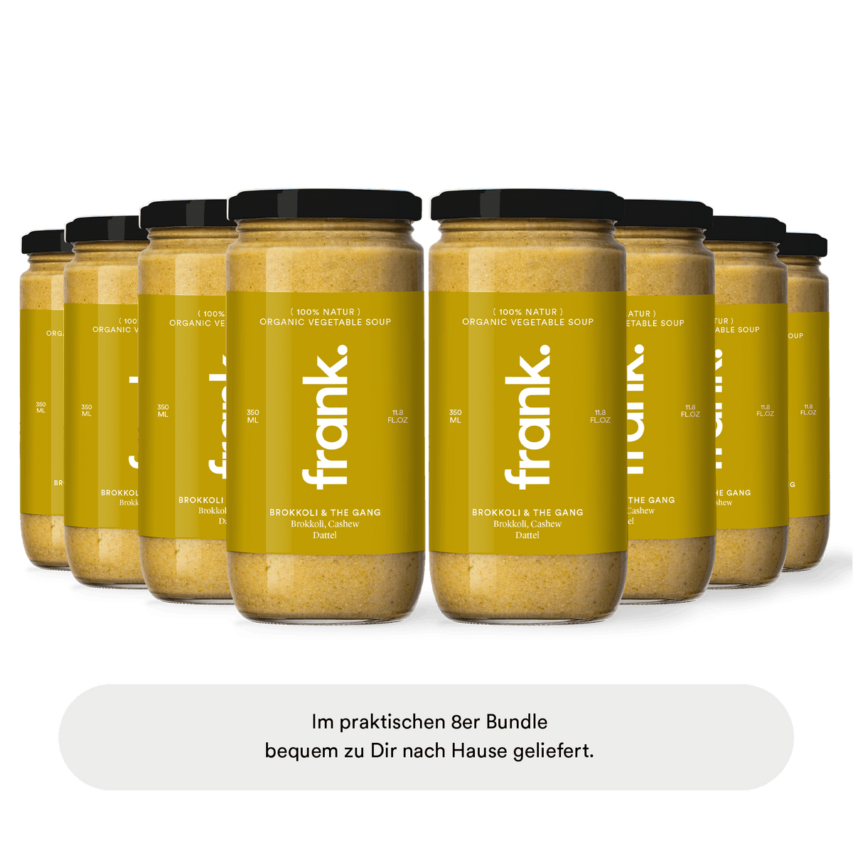 Darstellung der bio Soup-Box Brokkoli And The Gang mit Brokkoli, Cashew und Dattel von frank bestehend aus 8 Suppen