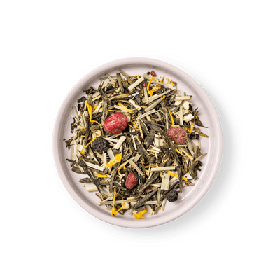 Darstellung der Mischung des bio Tee Re-Charge mit grünem Tee, weißem Tee und Mate von frank