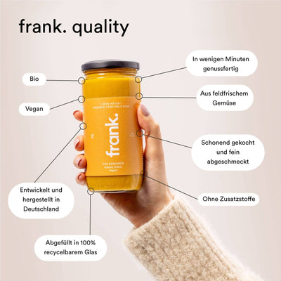 Darstellung der gebotenen Qualität von den bio Suppen von frank. 
