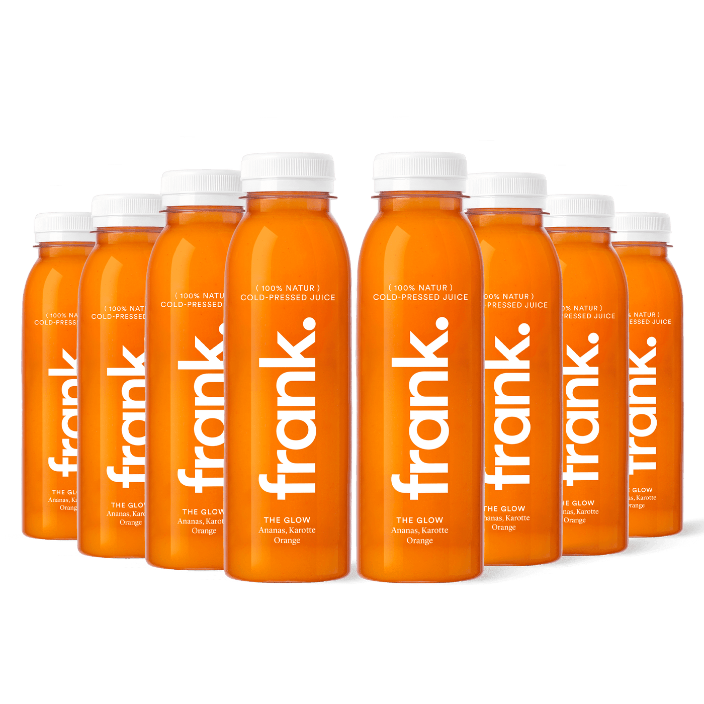 Darstellung der Juice-Box The Glow mit Ananas, Karotte und Orange bestehend aus 8 Säften von frank