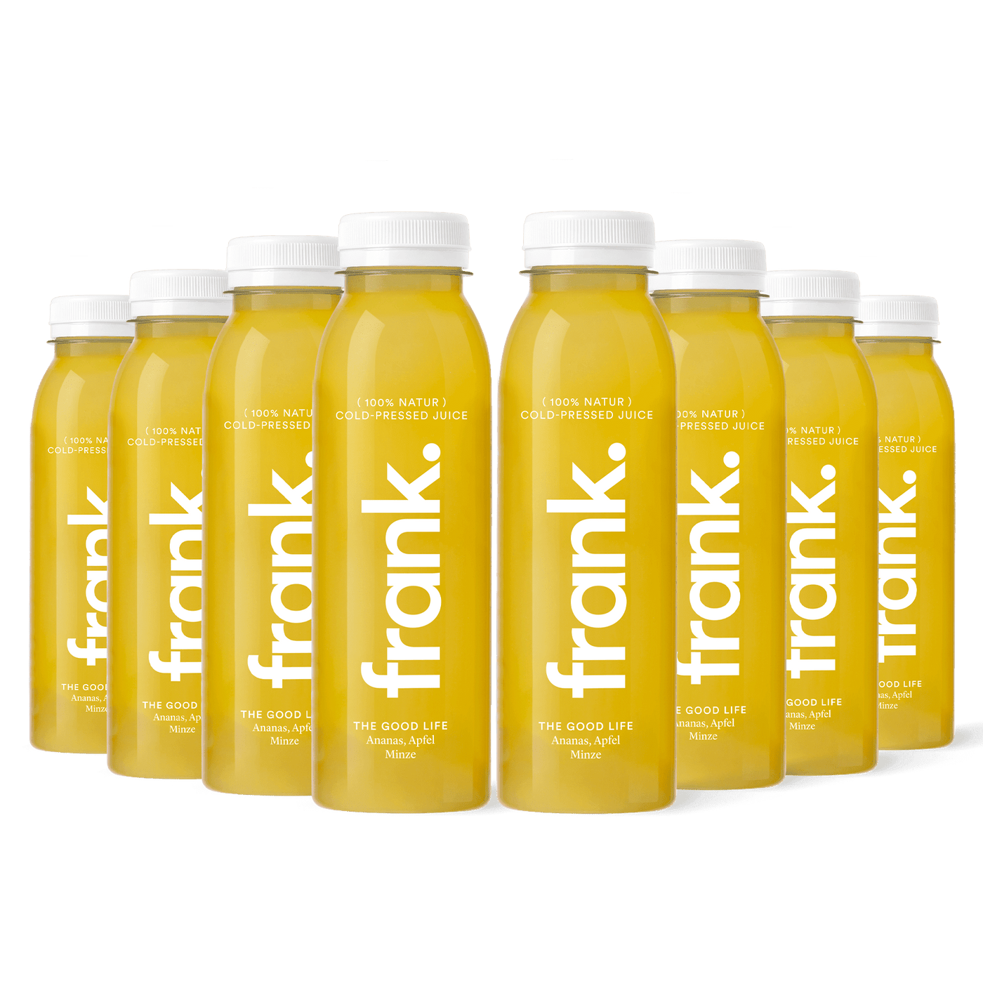 Darstellung der Juice-Box The Good Life mit Ananas, Apfel und Minze bestehend aus 8 Säften von frank