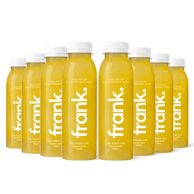 Darstellung der Juice-Box The Good Life mit Ananas, Apfel und Minze bestehend aus 8 Säften von frank