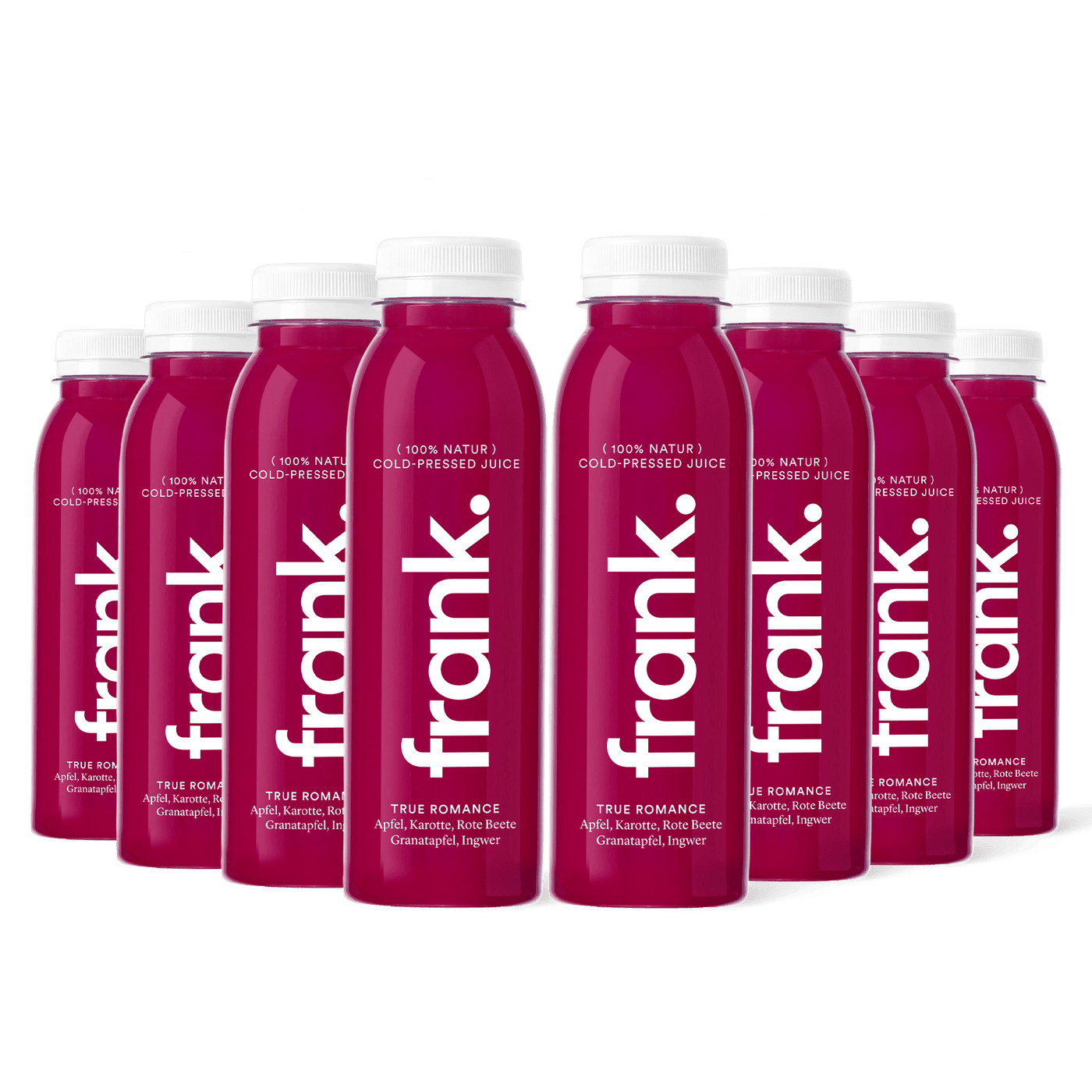 Darstellung der Juice-Box True Romance mit Apfel, Karotte, Rote Beete, Granatapfel und Ingwer bestehend aus 8 Säften von frank