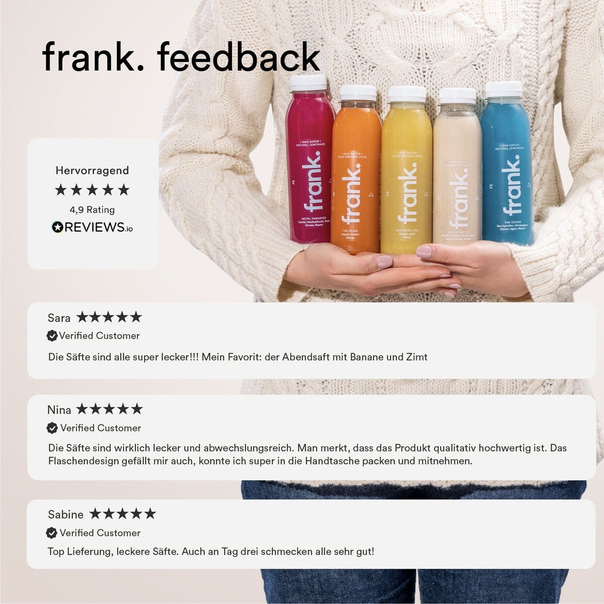 Darstellung des hervorragenden Feedbacks mit 4,9 von 5 Sternen zu den Produkten von frank.