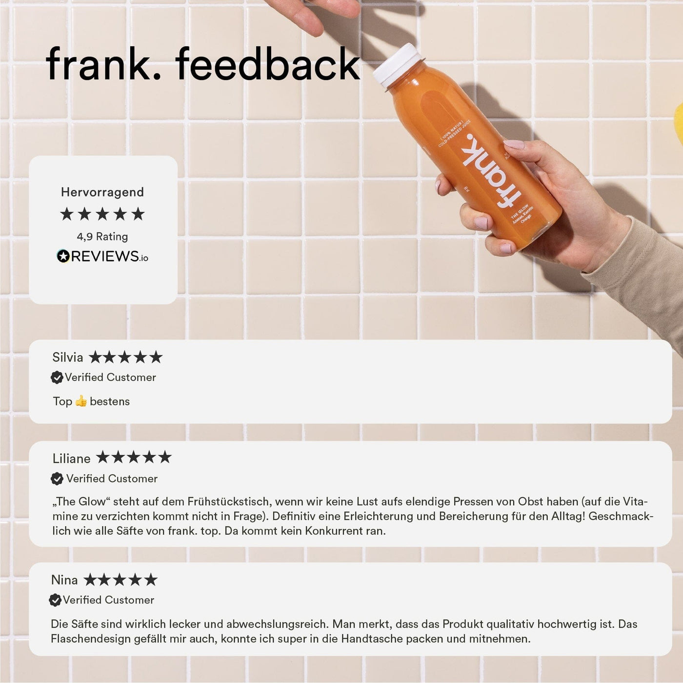 Darstellung des hervorragenden Feedbacks mit 4,9 von 5 Sternen zu den Produkten von frank.