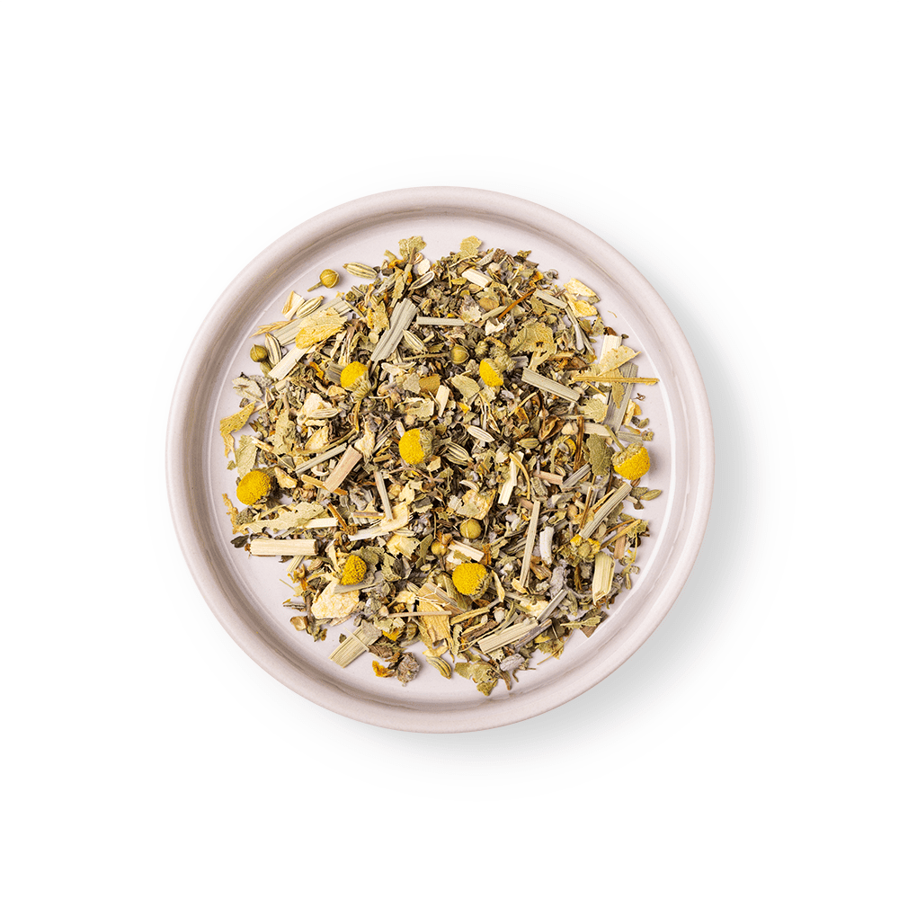 Darstellung der Mischung des bio Tee Happy Stomach mit Anis, Fenchel und Kamille von frank
