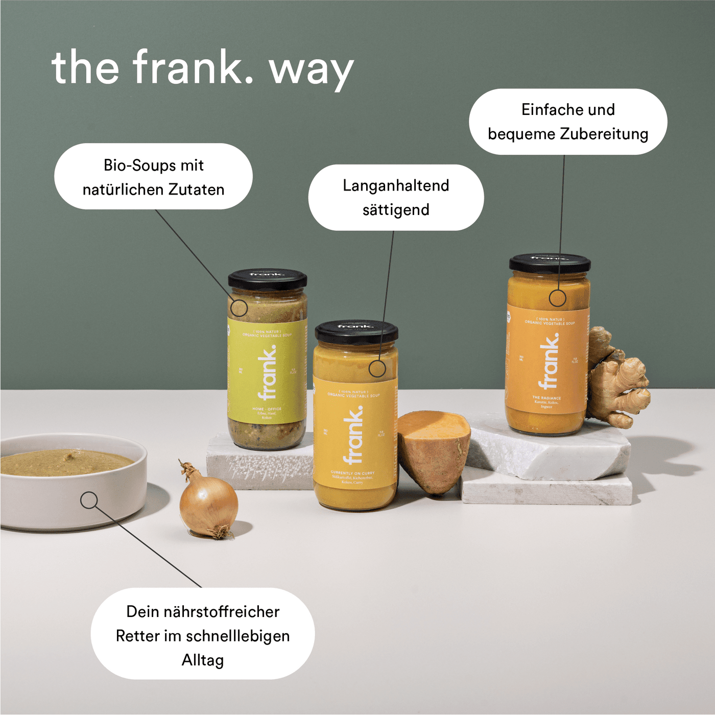 Darstellung des Produktversprechens von den bio Suppen von frank.