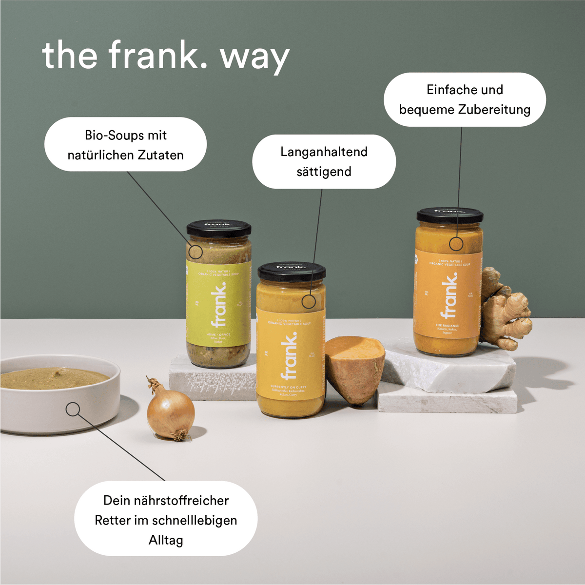 Darstellung des Produktversprechens von den bio Suppen von frank.